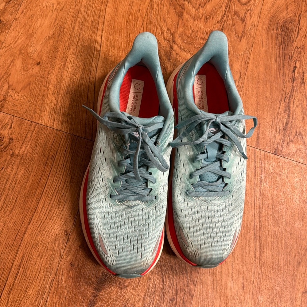 Hoka running shoes blue and coral